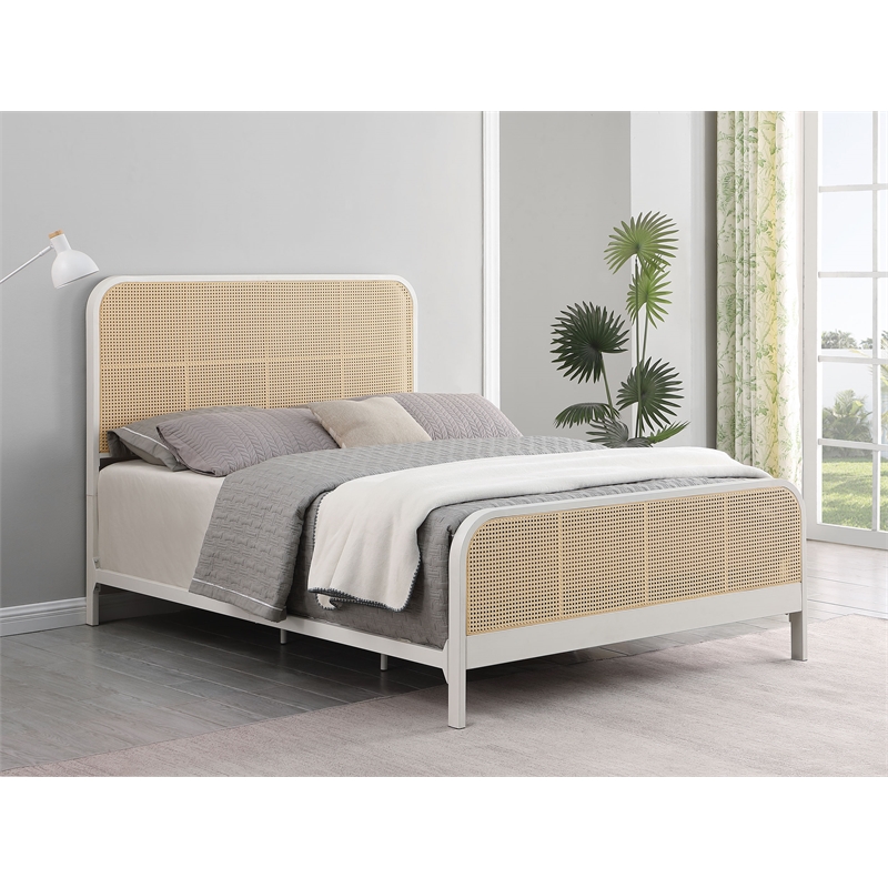 Pemberly Row Modern Open Cane Webbing Metal Queen Bed in White