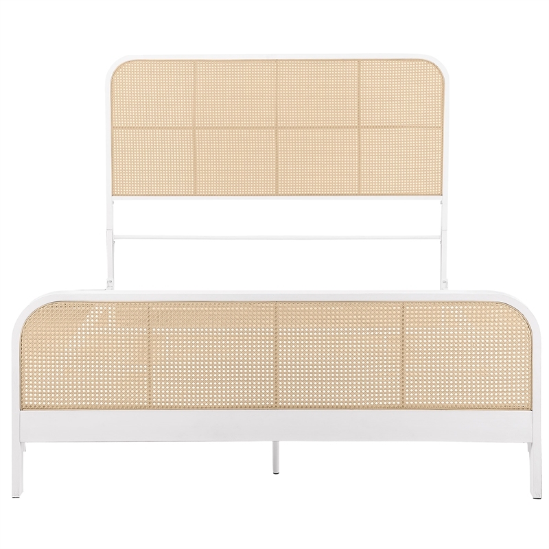 Pemberly Row Modern Open Cane Webbing Metal Queen Bed in White