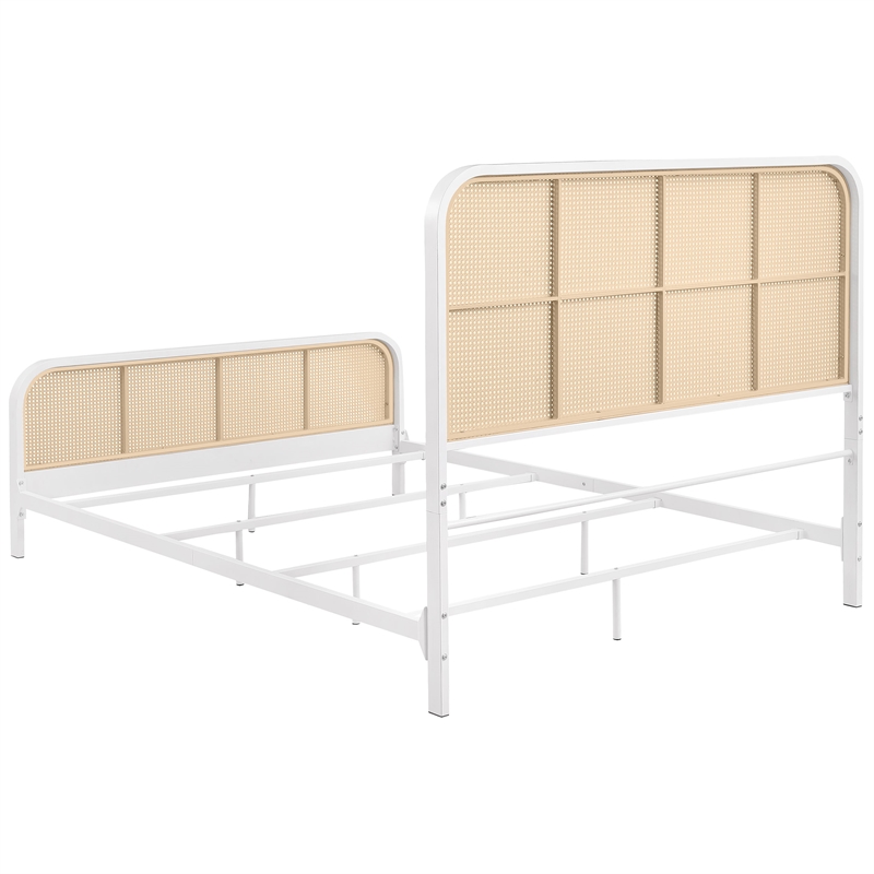 Pemberly Row Modern Open Cane Webbing Metal Queen Bed in White