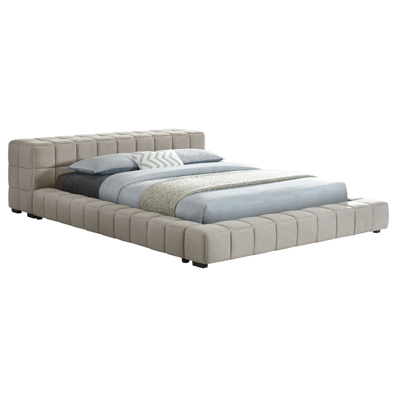 Pemberly Row Split Tufted Upholstered Full Platform Bed in Light Taupe