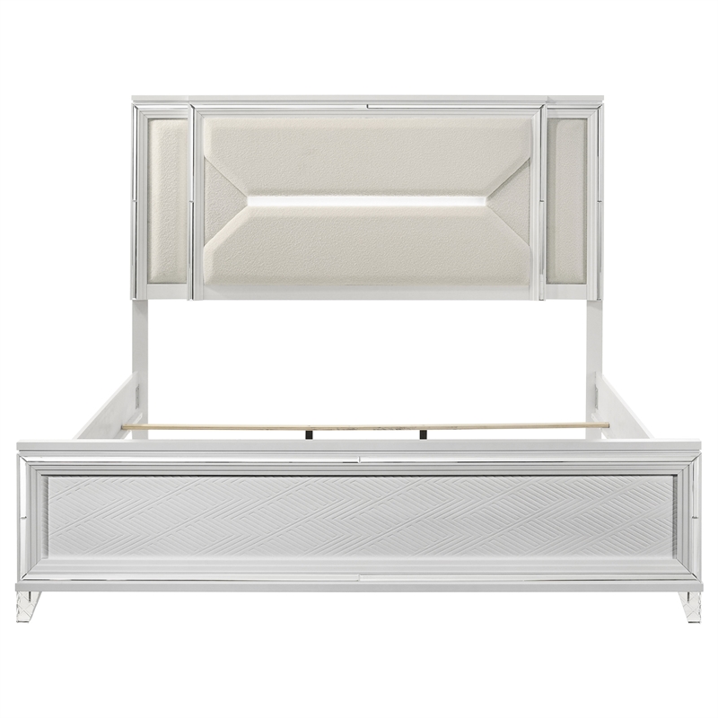 Pemberly Row 64 Inch Eastern King Boucle LED Panel Bed in White