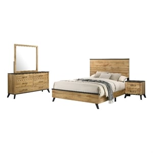 Pemberly Row 4-Piece Queen Mid-Century Bedroom Set in Natural Pine
