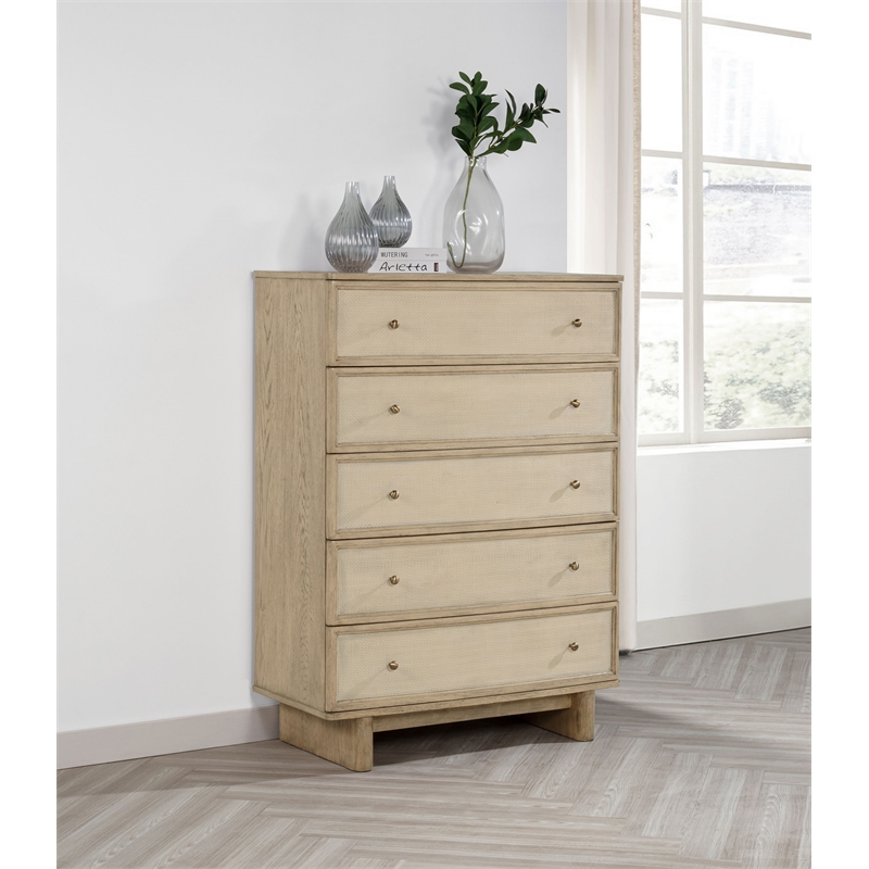 Pemberly Row Coastal 5-Drawer Bedroom Storage Chest in Beige Oak