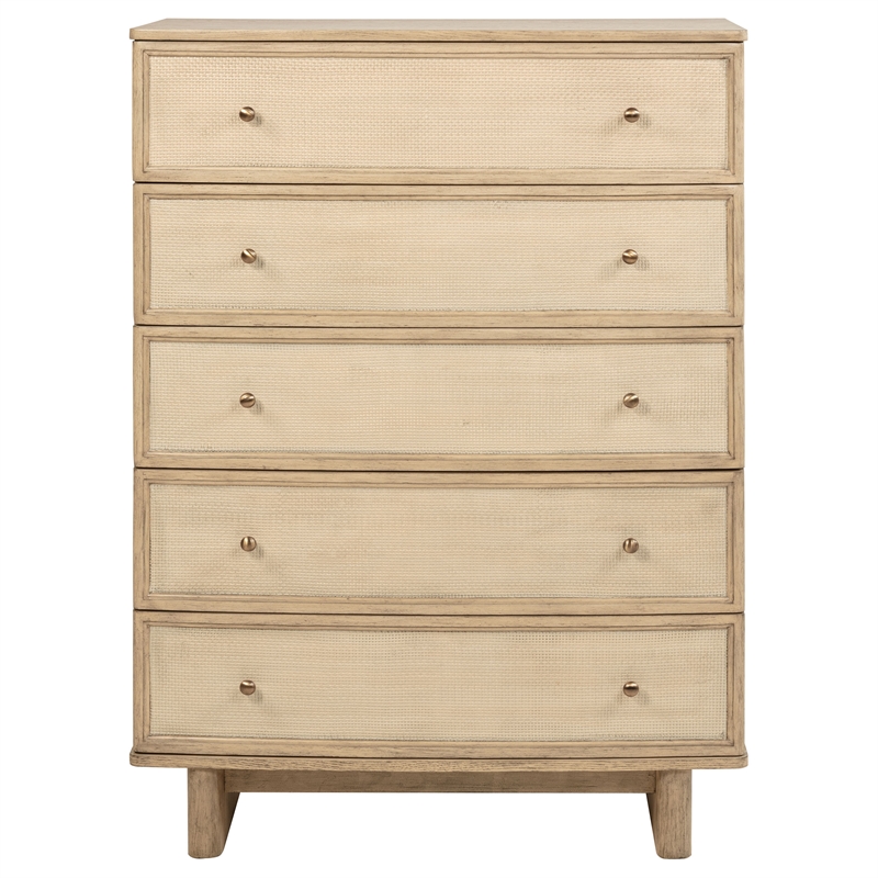 Pemberly Row Coastal 5-Drawer Bedroom Storage Chest in Beige Oak