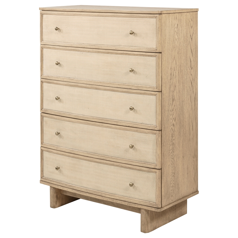 Pemberly Row Coastal 5-Drawer Bedroom Storage Chest in Beige Oak