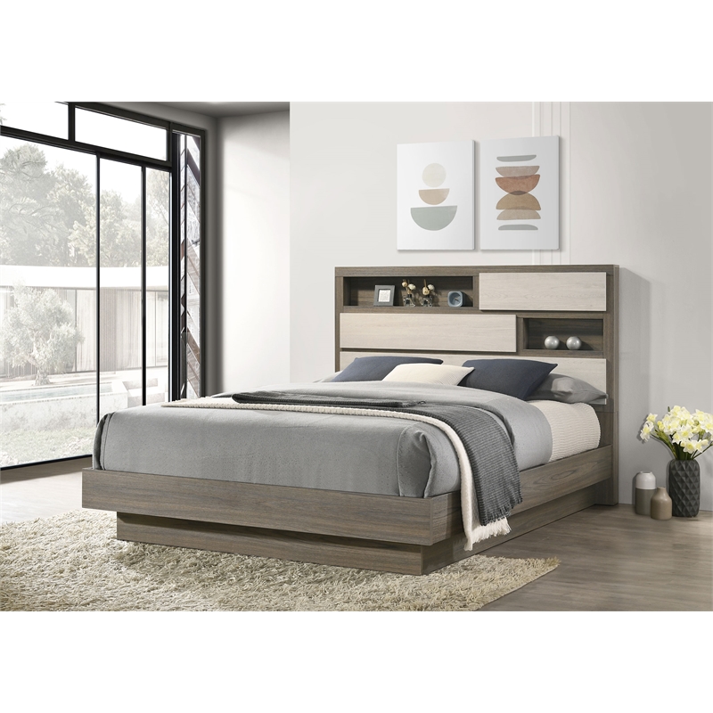 Pemberly Row Queen Bed with Bookcase Storage Headboard in Grey Oak