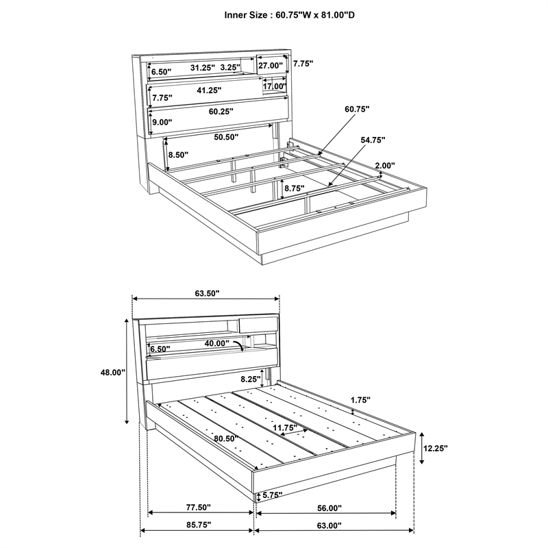 Pemberly Row Queen Bed with Bookcase Storage Headboard in Grey Oak