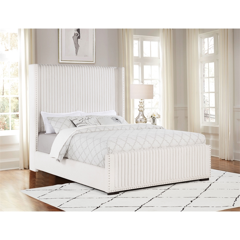 Pemberly Row 65 Inch Upholstered Queen Wingback Bed in Cream
