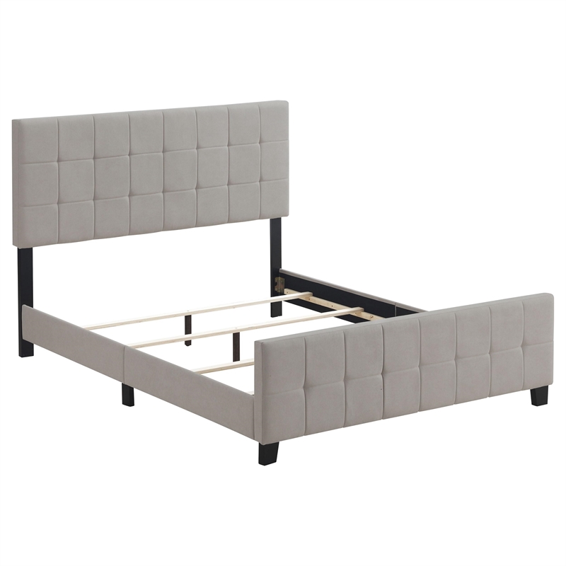 Pemberly Row Grid Tufted Upholstered Eastern King Panel Bed in Beige