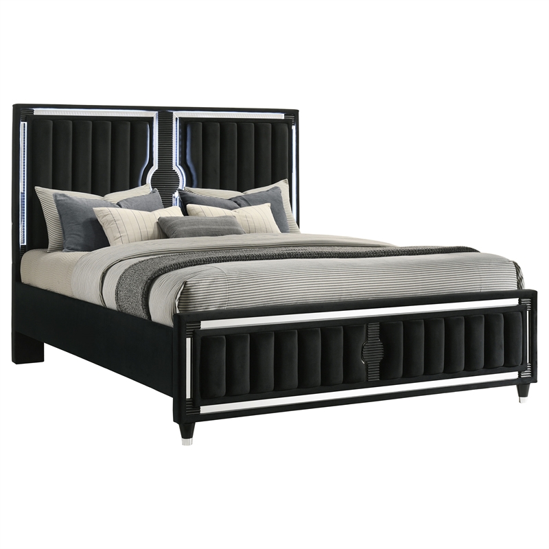 Pemberly Row California King LED Upholstered Velvet Panel Bed in Black