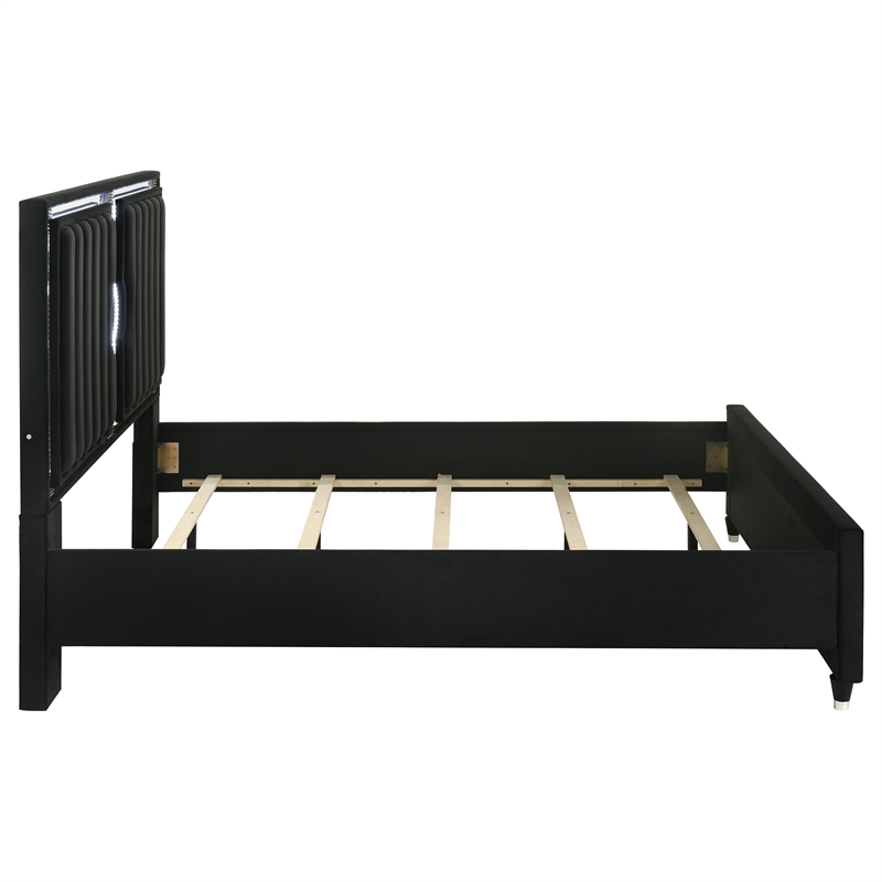Pemberly Row California King LED Upholstered Velvet Panel Bed in Black