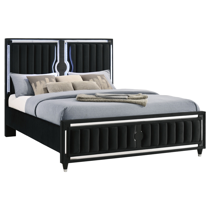 Pemberly Row Eastern King LED Upholstered Velvet Panel Bed in Black