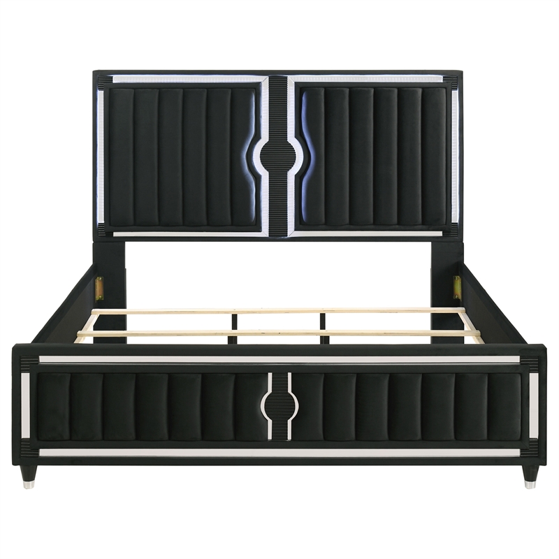 Pemberly Row Eastern King LED Upholstered Velvet Panel Bed in Black