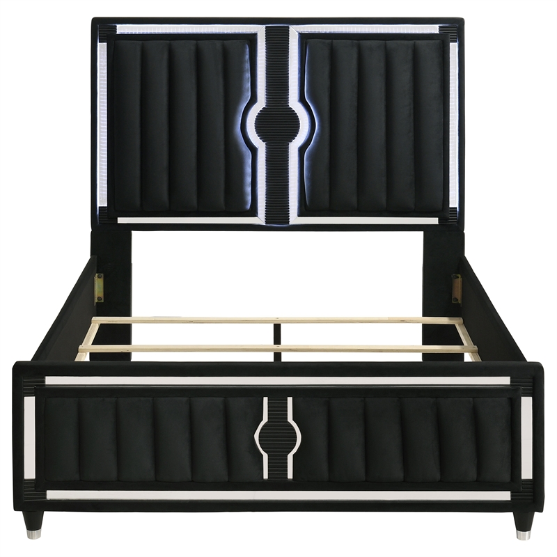 Pemberly Row Queen LED Upholstered Velvet Panel Bed in Black