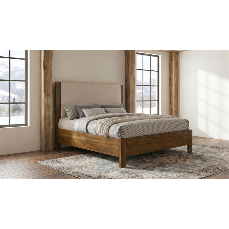 Pemberly Row Transitional Queen Wood Panel Bed in Cream and Warm Brown