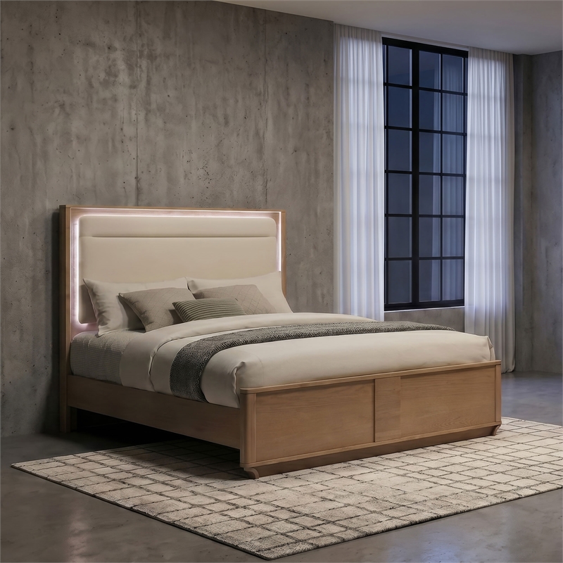 Pemberly Row Queen Wood LED Panel Bed in Off White and Light Oak