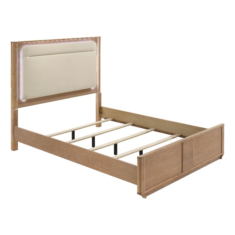 Pemberly Row Queen Wood LED Panel Bed in Off White and Light Oak