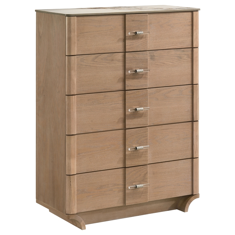 Pemberly Row 5-Piece Eastern King LED Bedroom Set in Light Oak/Off White