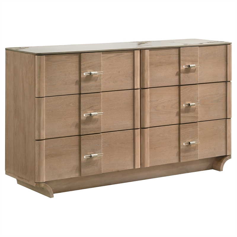 Pemberly Row 4-Piece Wood Queen LED Bedroom Set in Light Oak/Off White