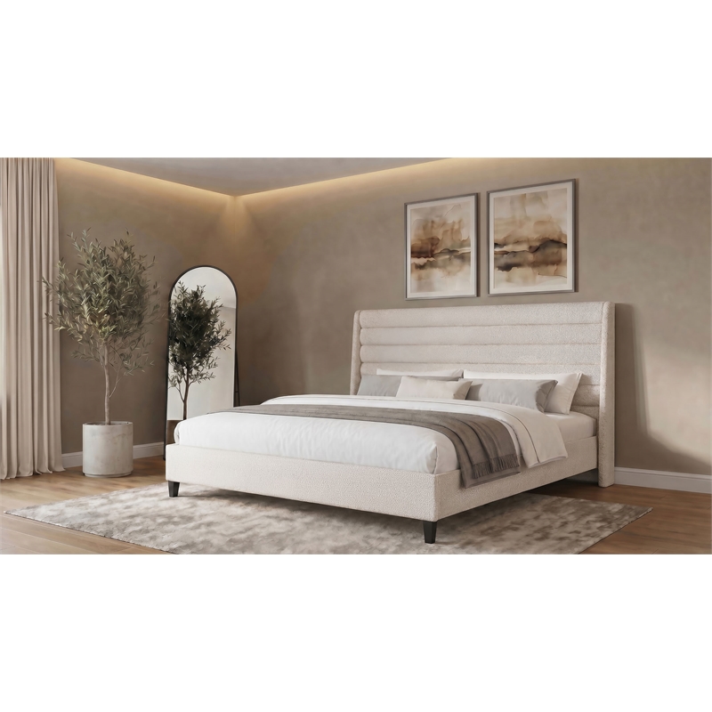 Pemberly Row California King Upholstered Wingback Platform Bed in Beige