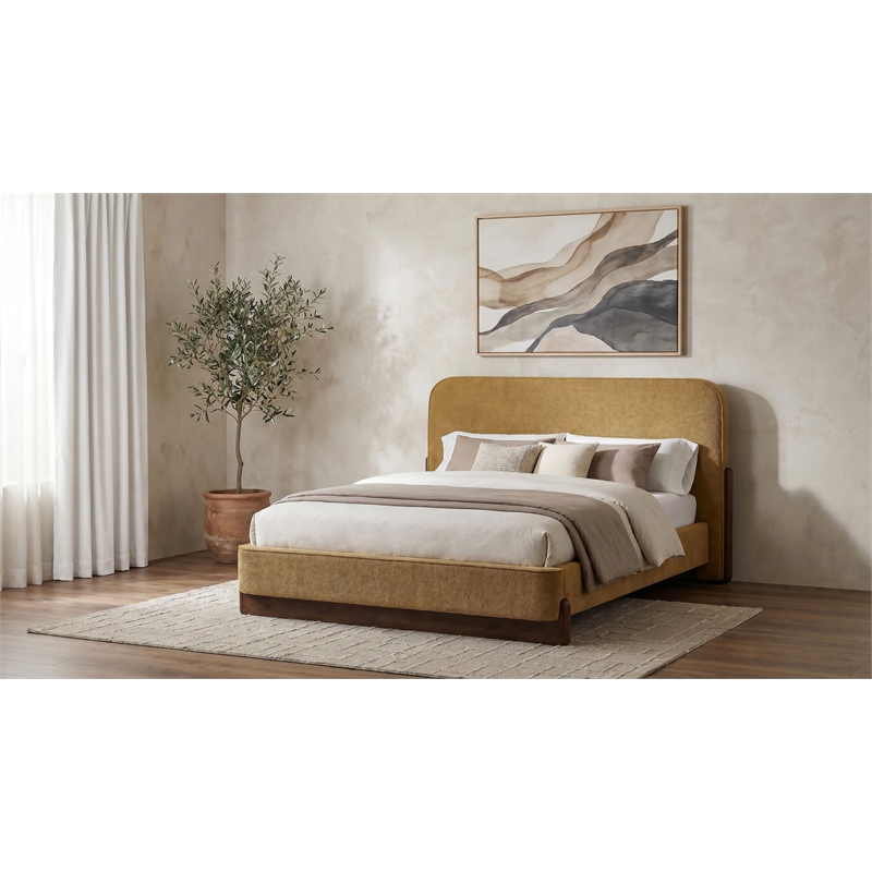 Pemberly Row Fabric Queen Platform Bed in Curry Yellow/Walnut