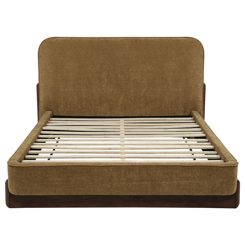Pemberly Row Fabric Queen Platform Bed in Curry Yellow/Walnut