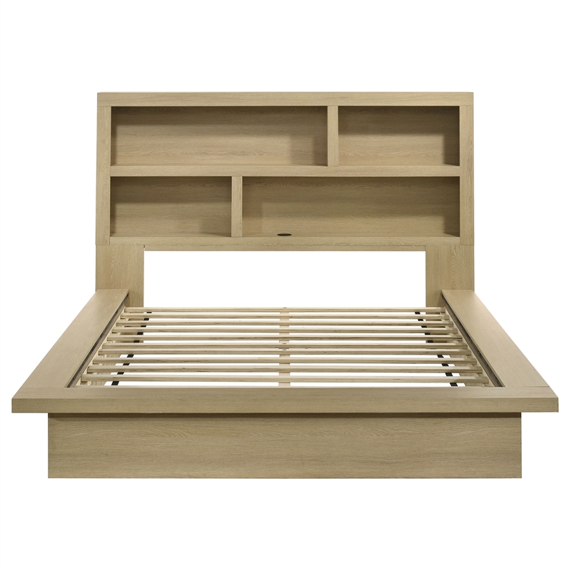 Pemberly Row Queen Wood Bookcase Platform Bed with Cubbies in Light Oak