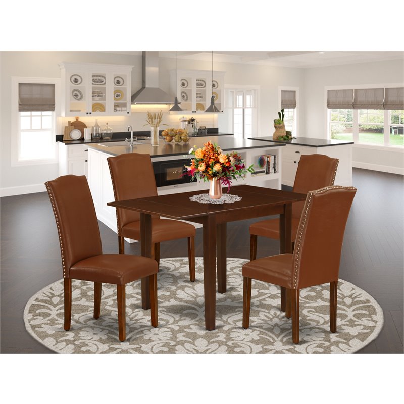 Pemberly Row 5-Piece Dining Table Set in Brown PU Leather and Mahogany