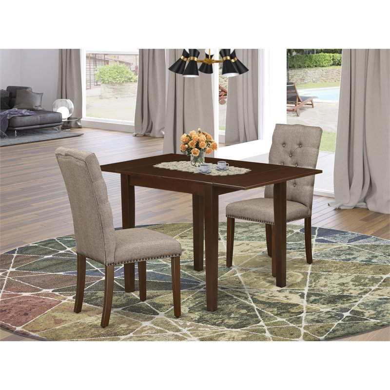 Pemberly Row 3-Piece Dining Set in Mahogany and Dark Khaki Linen Upholstery