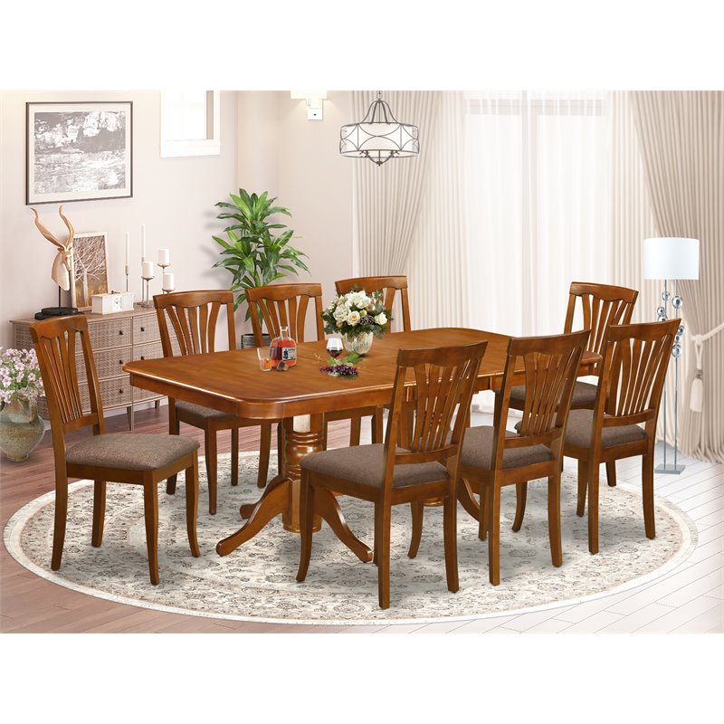 Pemberly Row 9-Piece Dining Set with Fabric Seats in Saddle Brown