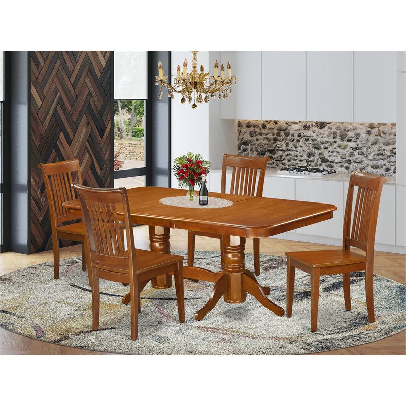 Pemberly Row 5-Pc Dining Set Wood Table with Ladder Back Chairs Saddle Brown