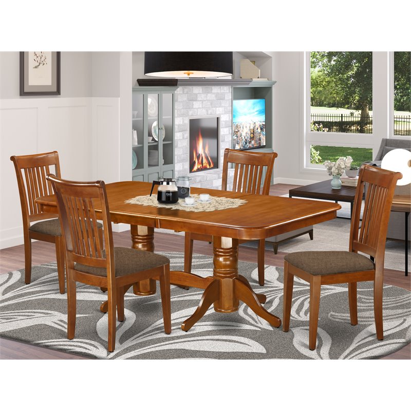 Pemberly Row 5-Pc Dining Set Wood Table with Linen Seats Saddle Brown