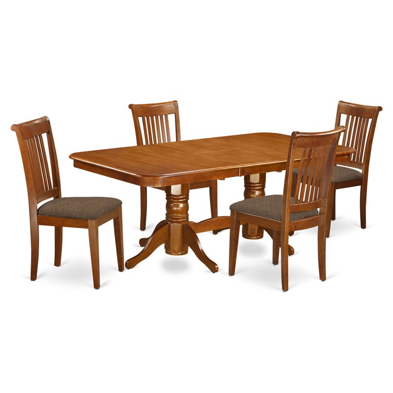 Pemberly Row 5-Pc Dining Set Wood Table with Linen Seats Saddle Brown