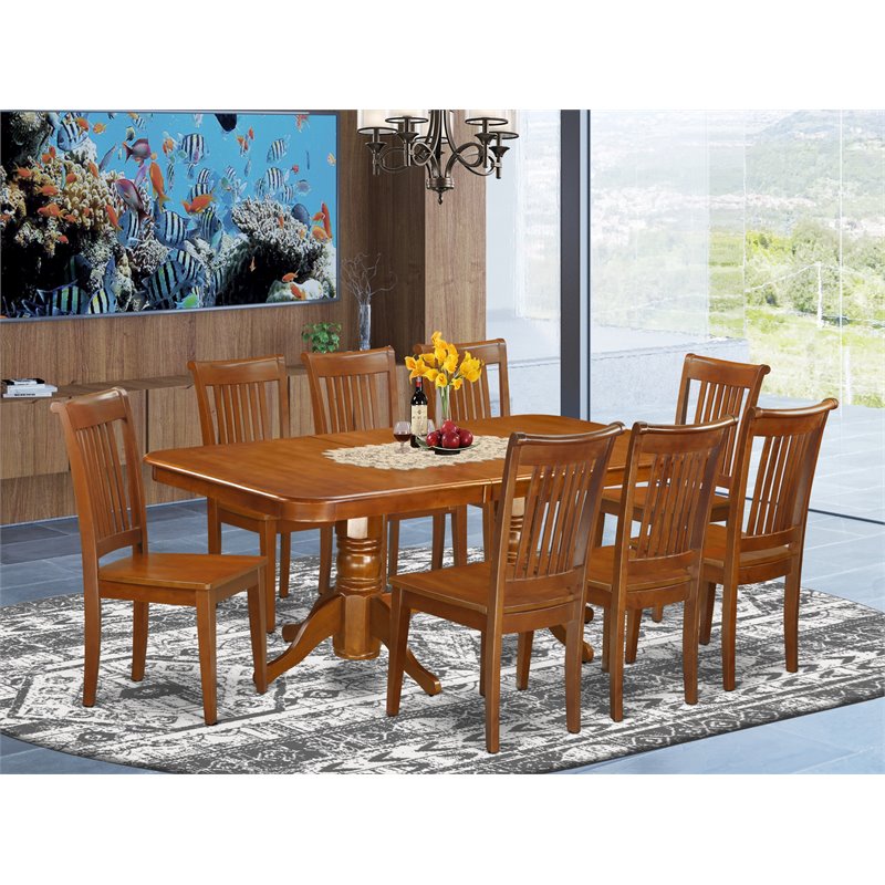 Pemberly Row 9-Piece Wood Kitchen Set with Extendable Table in Saddle Brown