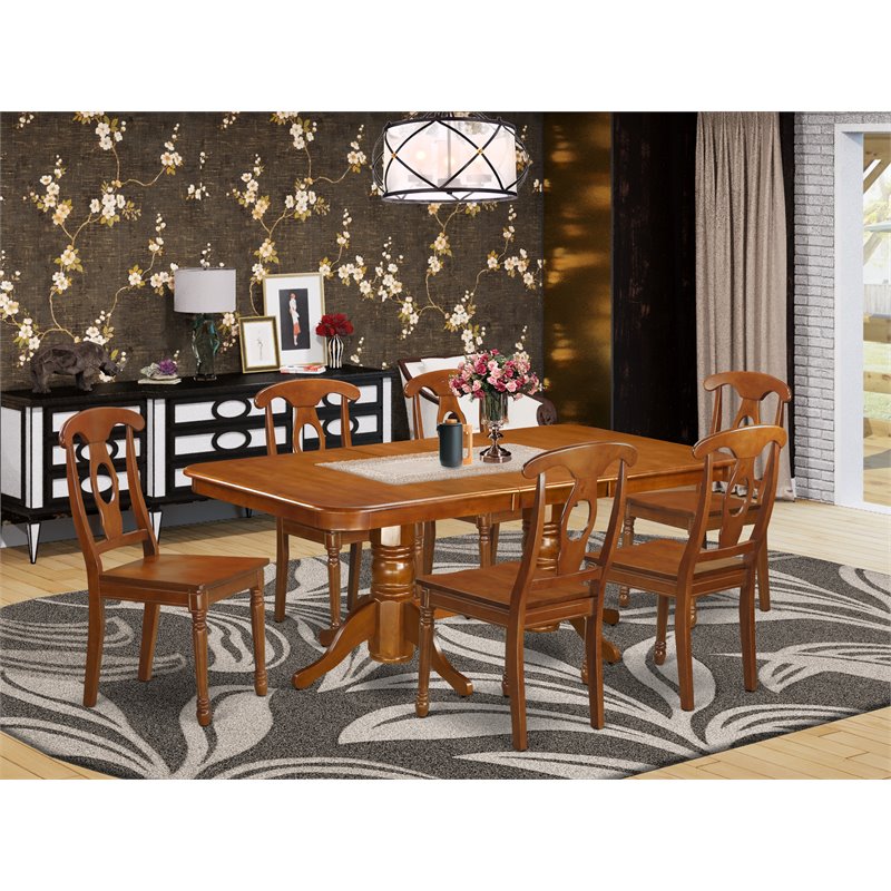 Pemberly Row 7-Piece Dining Table and Chair Set in Saddle Brown Wood