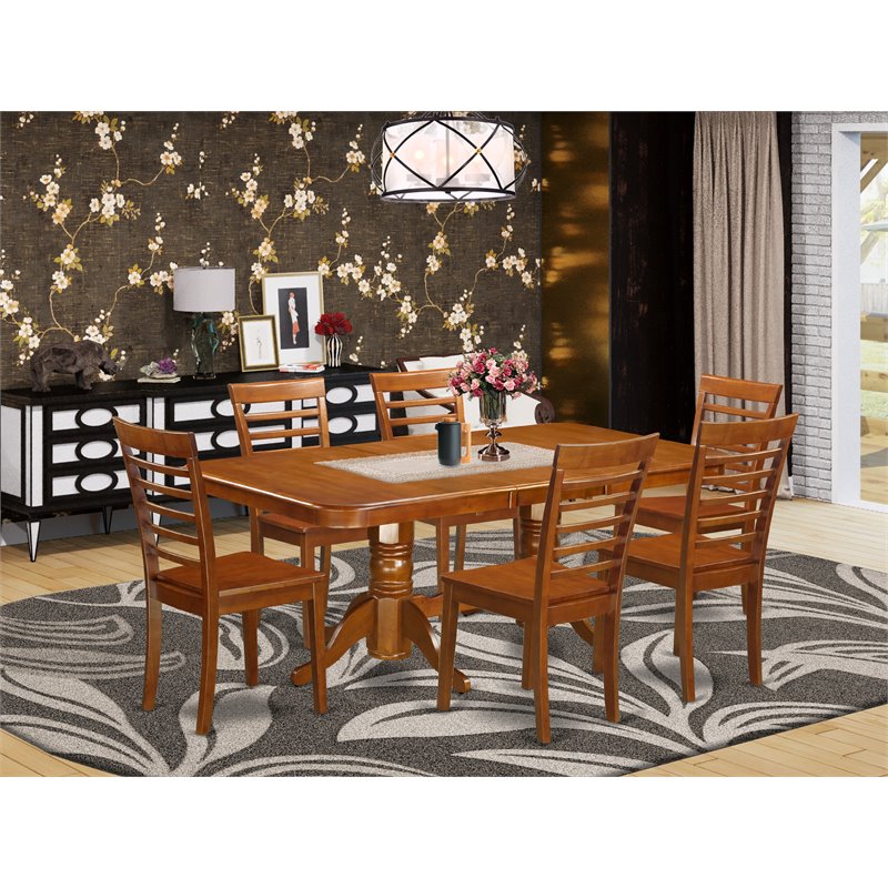 Pemberly Row 7-Piece Dining Set with Wood Seats in Saddle Brown Finish