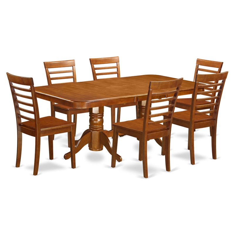 Pemberly Row 7-Piece Dining Set with Wood Seats in Saddle Brown Finish