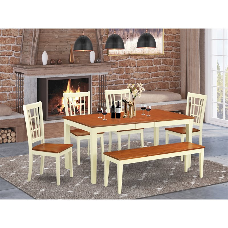Pemberly Row 6-Piece Wood Dining Table Set with Bench in Buttermilk/Cherry