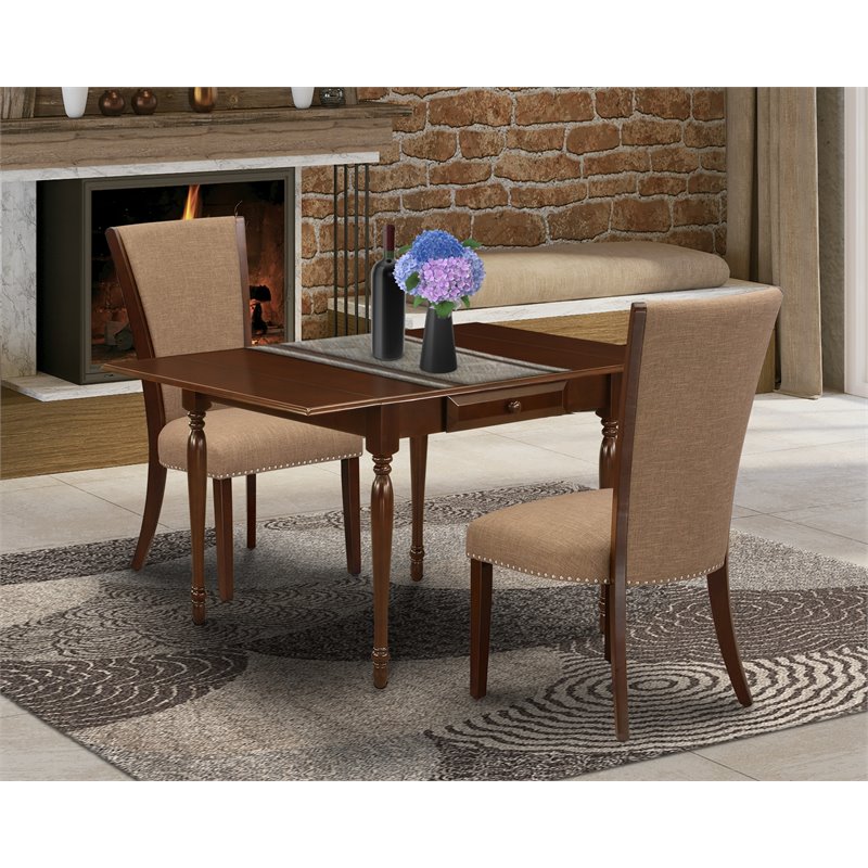 Pemberly Row 3-Piece Wood Kitchen Table Set with Drop Leaf in Mahogany