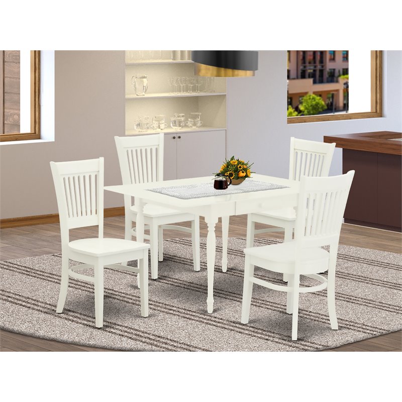Pemberly Row 5-Piece Dining Set with Slatted Wooden Seats in Linen White