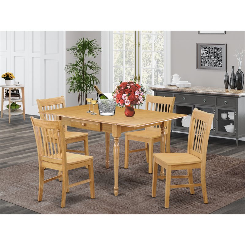 Pemberly Row 5-Piece Wood Dining Set in Oak with Slat Back Chairs