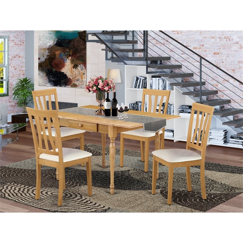 Pemberly Row 5-Piece Oak Dining Set with Drop Leaf Table and Faux Leather Seats