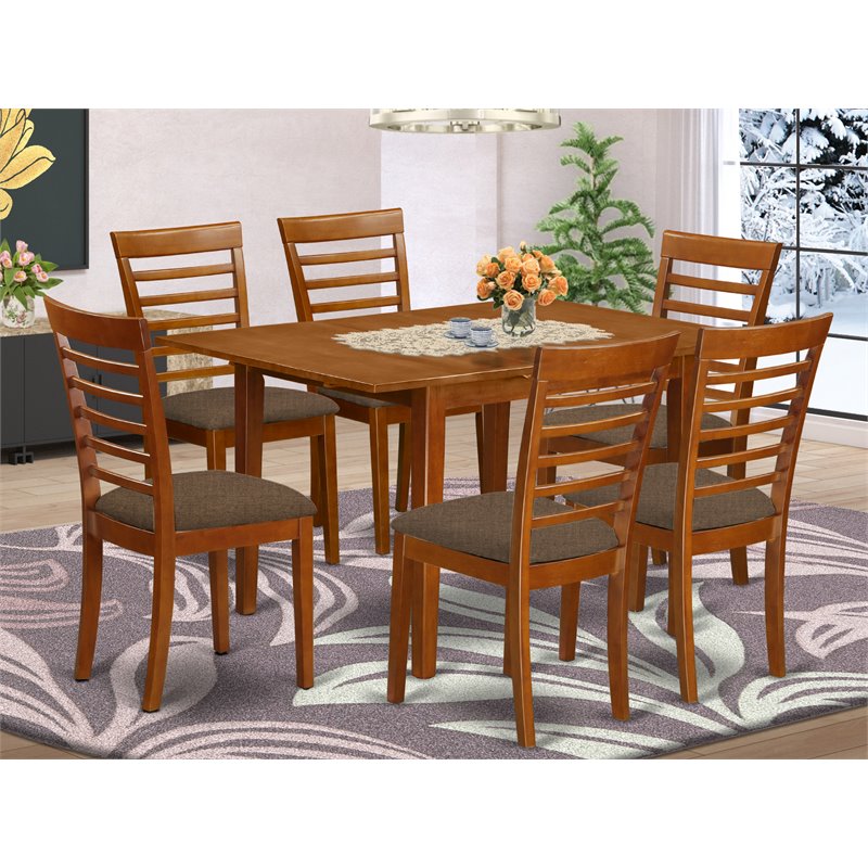 Pemberly Row 7-Piece Saddle Brown Set with Linen Fabric Dining Chairs