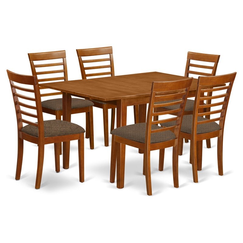Pemberly Row 7-Piece Saddle Brown Set with Linen Fabric Dining Chairs