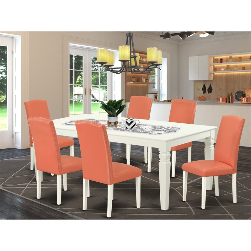 Pemberly Row 7-Piece Wood Dining Set in Linen White and Pink Flamingo
