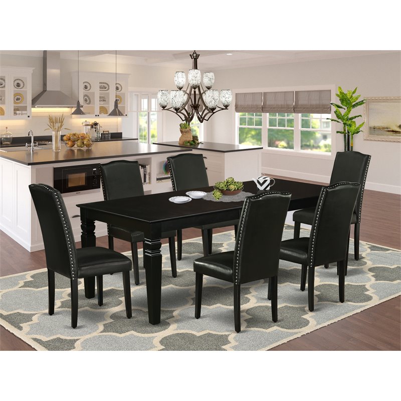 Pemberly Row 7-Piece Wood Dining Set with Leather Seats in Black