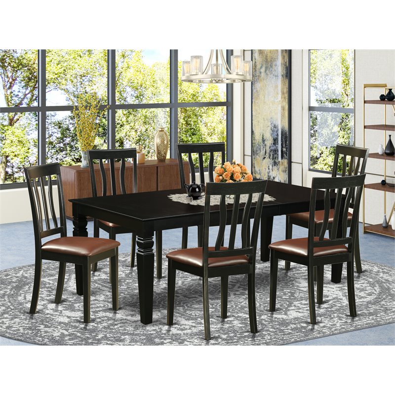 Pemberly Row 7-Piece Wood Dining Table Set with Faux Leather Chairs in Black
