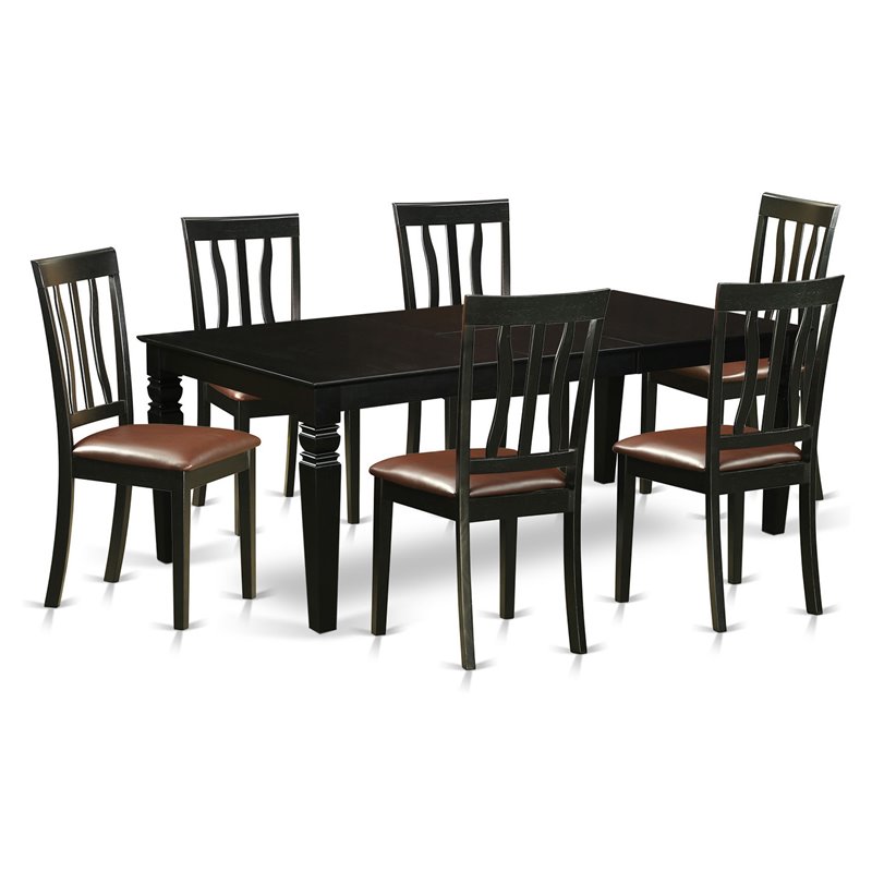 Pemberly Row 7-Piece Wood Dining Table Set with Faux Leather Chairs in Black