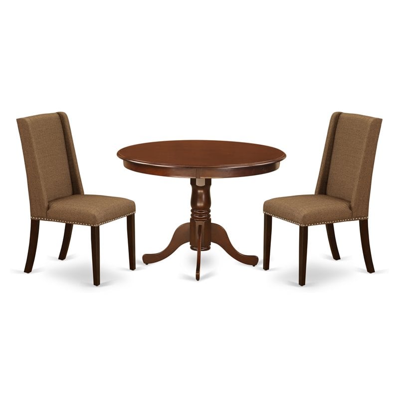 Pemberly Row 3-Piece Wood Dining Set with Linen Fabric Chairs in Mahogany Beige