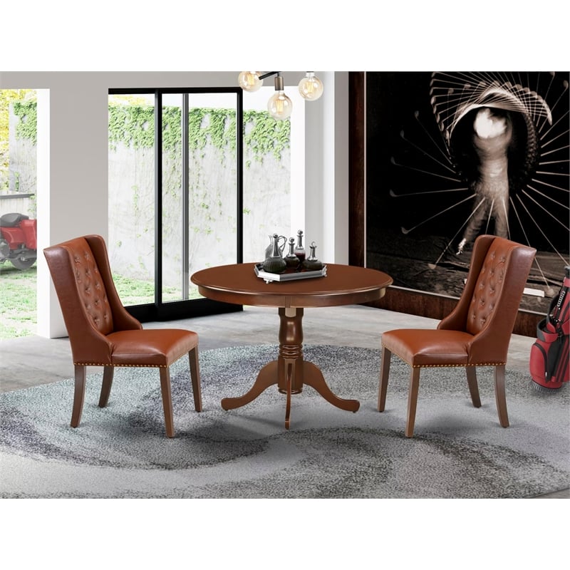 Pemberly Row 3-Piece Wood Dining Set with Faux Leather Chairs in Mahogany Brown